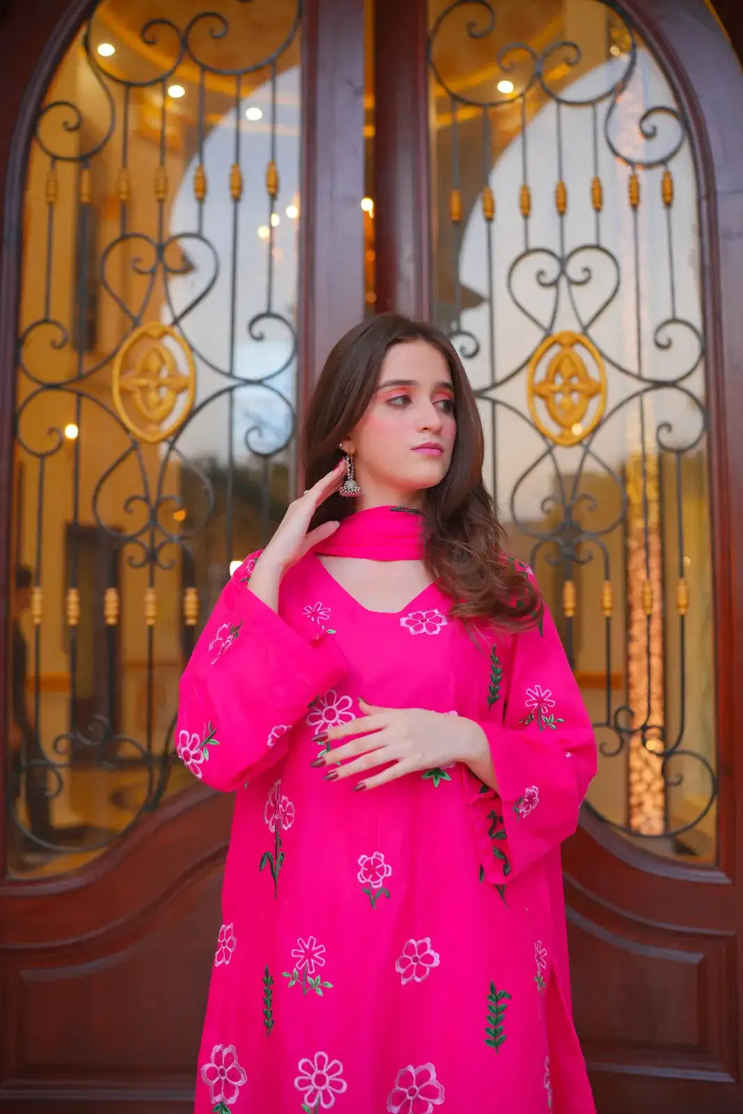 3 Piece Dotted Pink Embroidered Suit