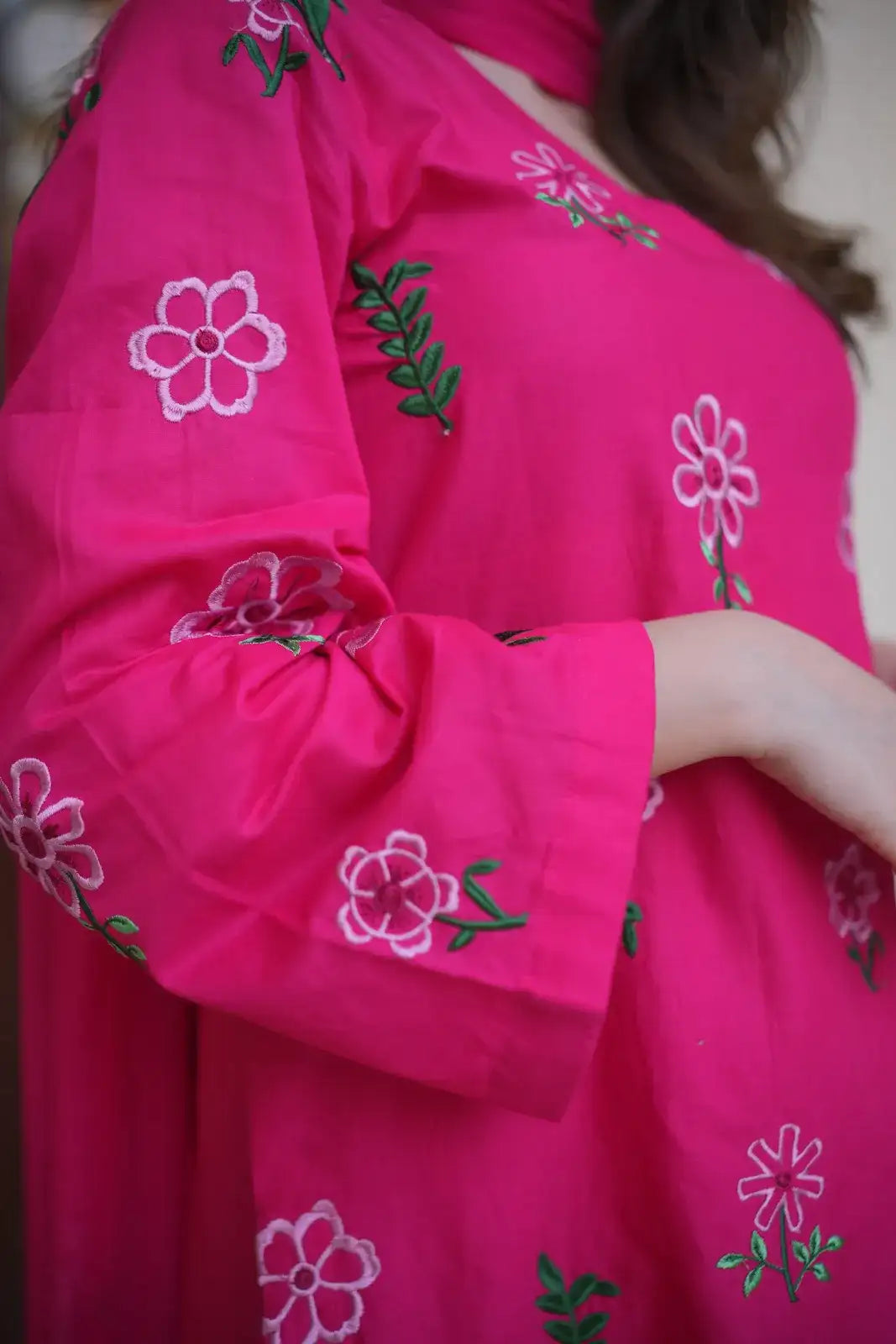 3 Piece Dotted Pink Embroidered Suit