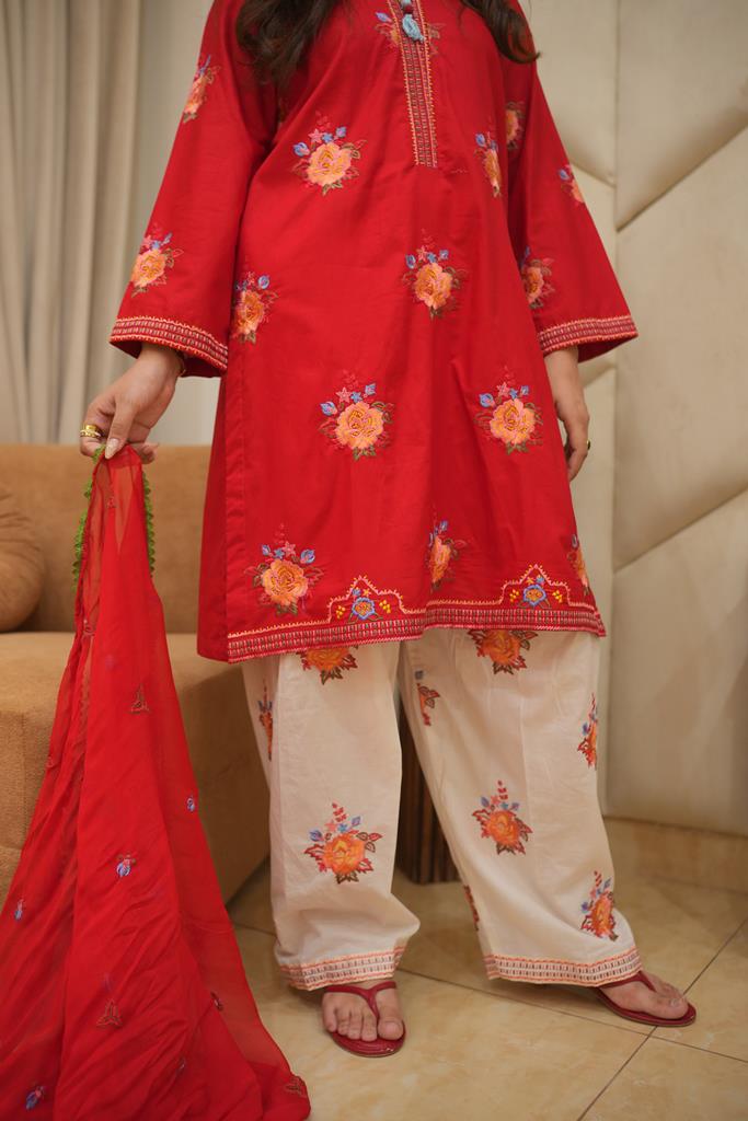 3 Piece Red Embroidered Suit