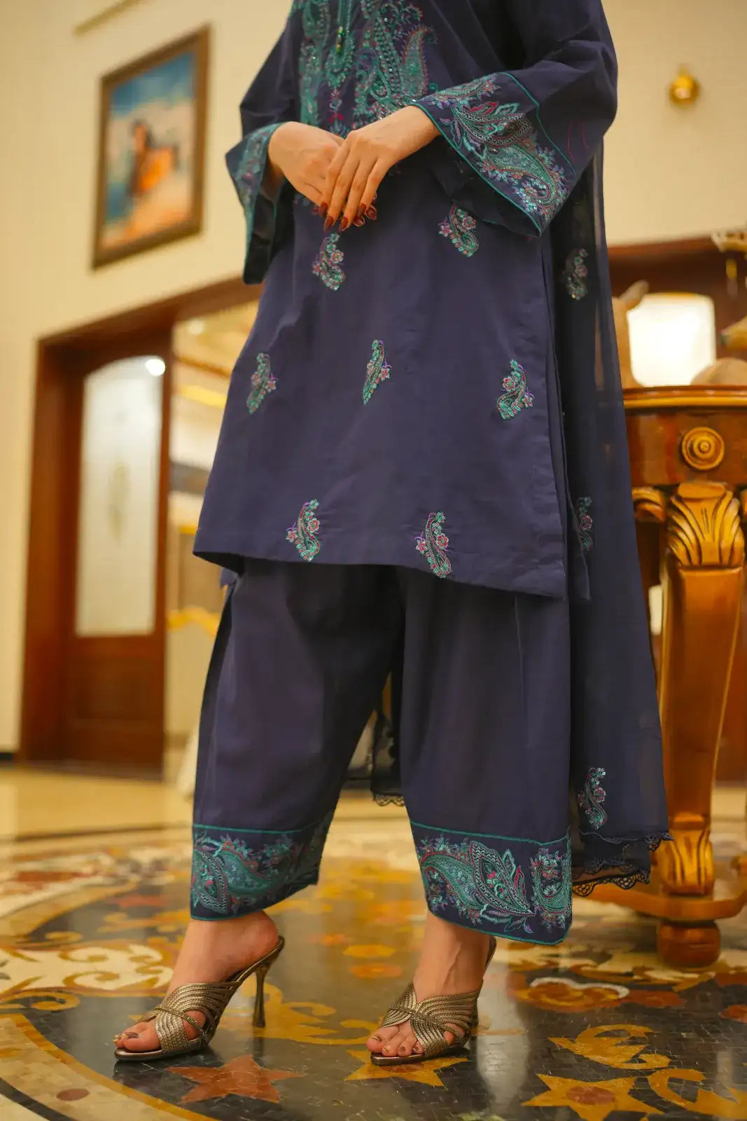 3 Piece Blue Embroidered Suit