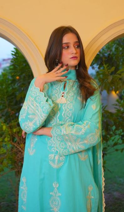 3 Piece Ice Blue Embroidered Suit