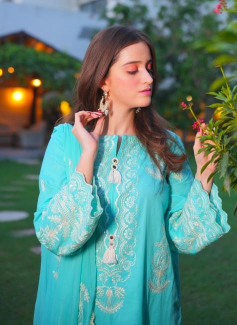 3 Piece Ice Blue Embroidered Suit
