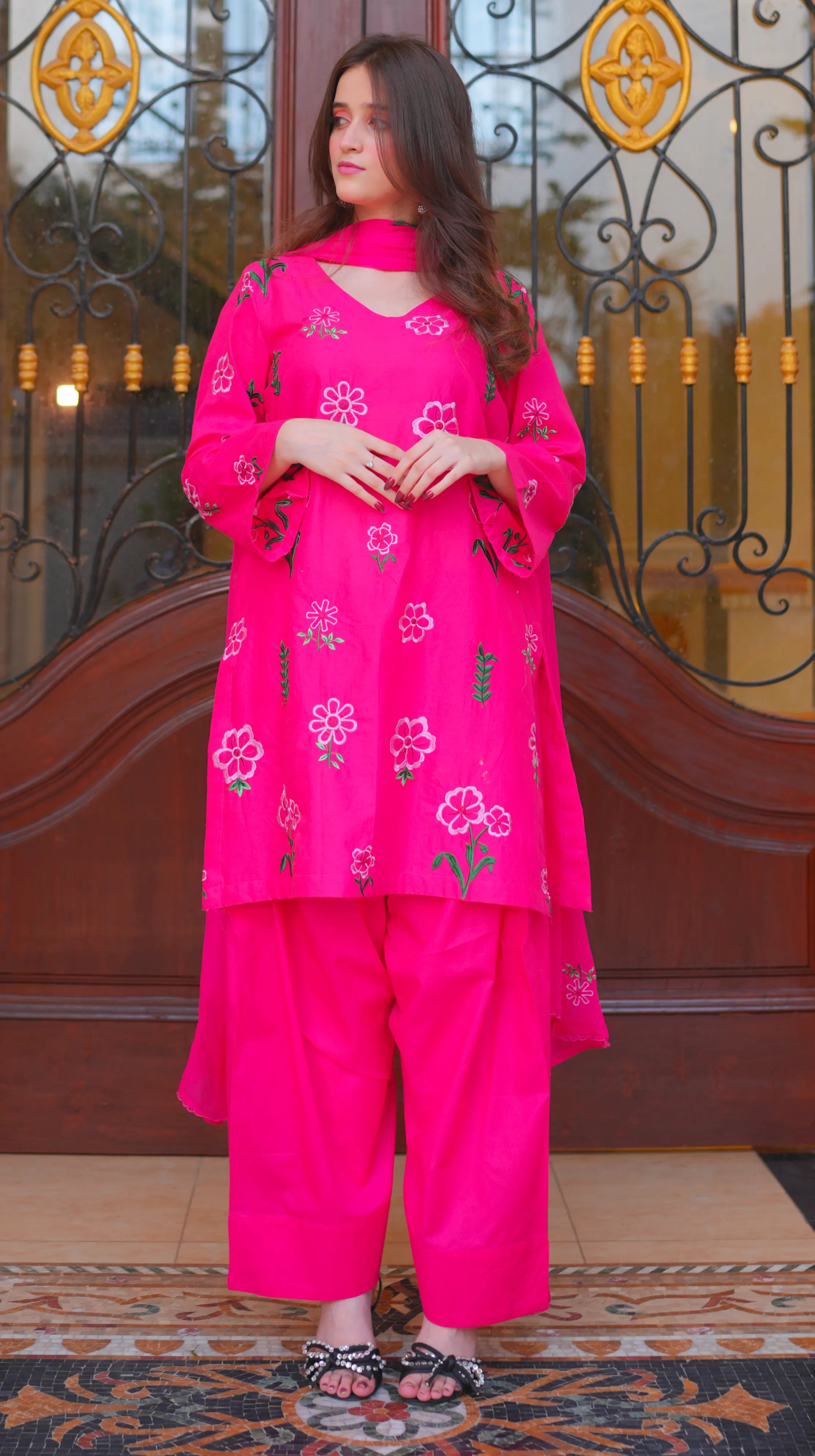 3 Piece Dotted Pink Embroidered Suit