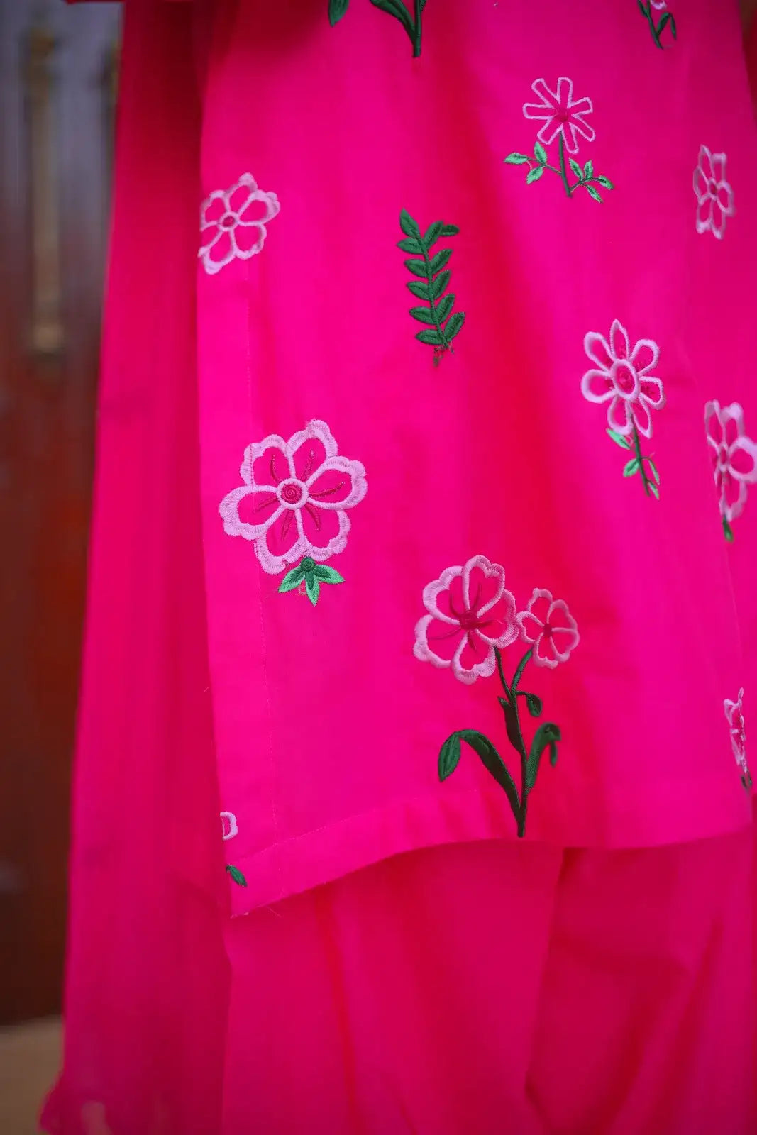 3 Piece Dotted Pink Embroidered Suit