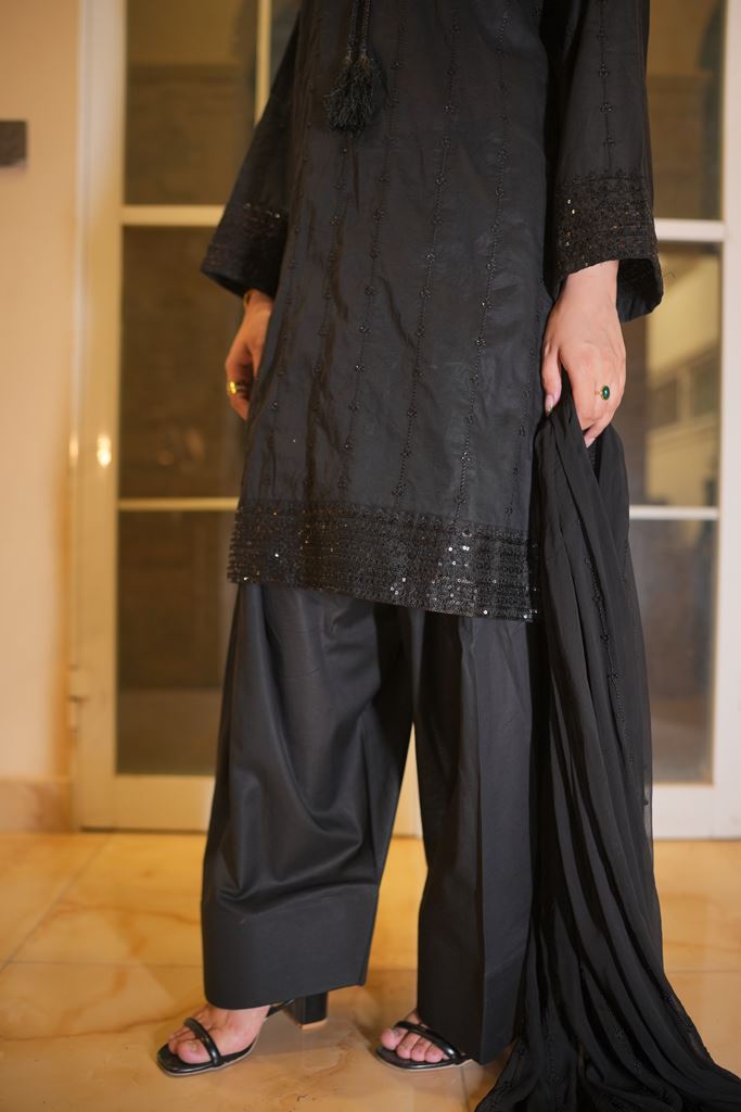 3 Piece Black Sequence Embroidered Suit