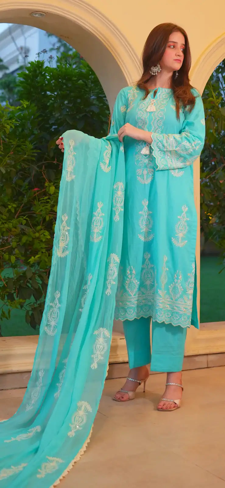 3 Piece Ice Blue Embroidered Suit