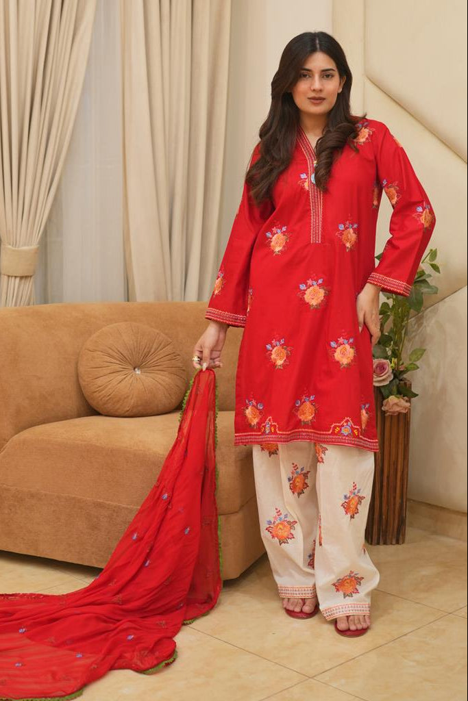 3 Piece Red Embroidered Suit