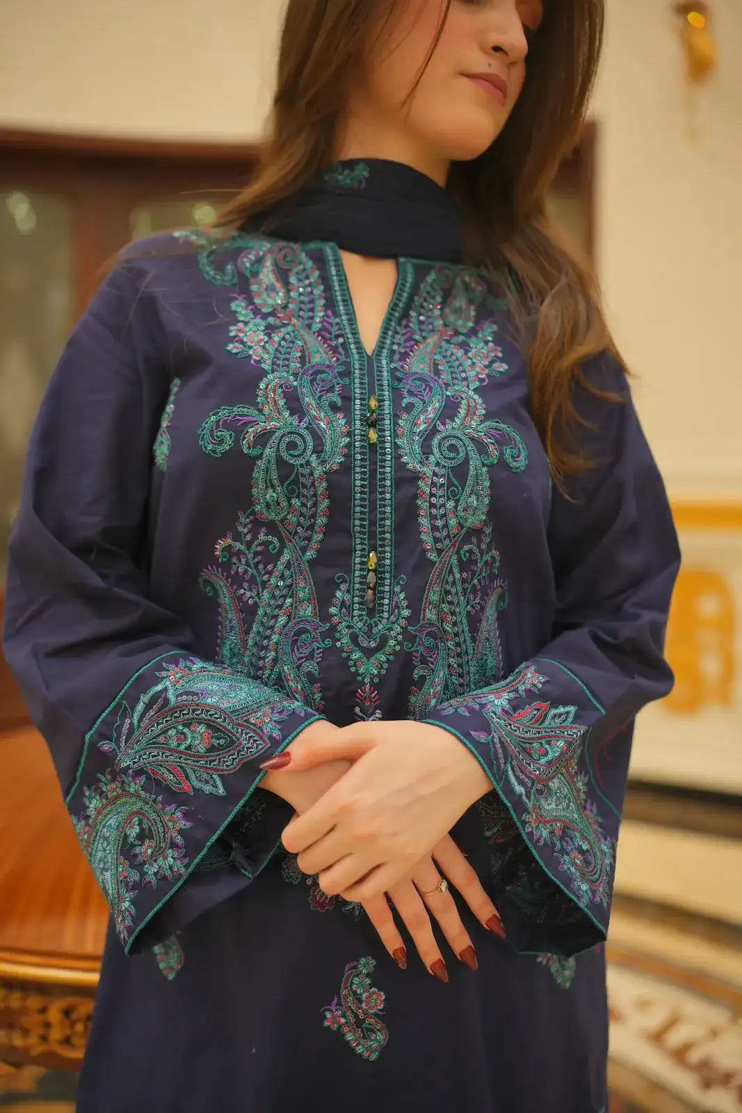 3 Piece Blue Embroidered Suit