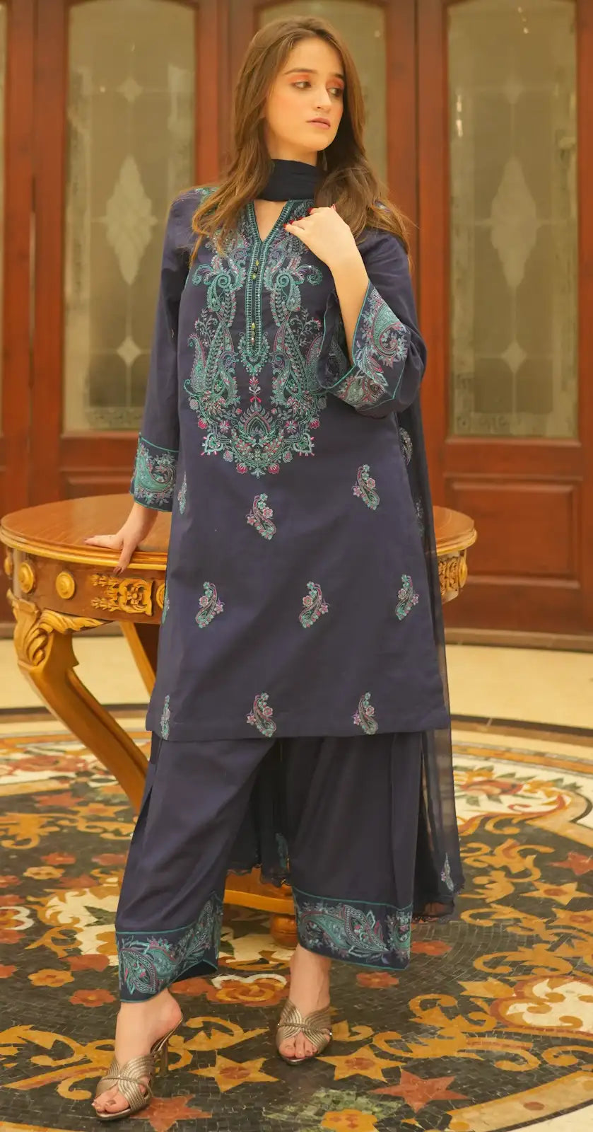 3 Piece Blue Embroidered Suit
