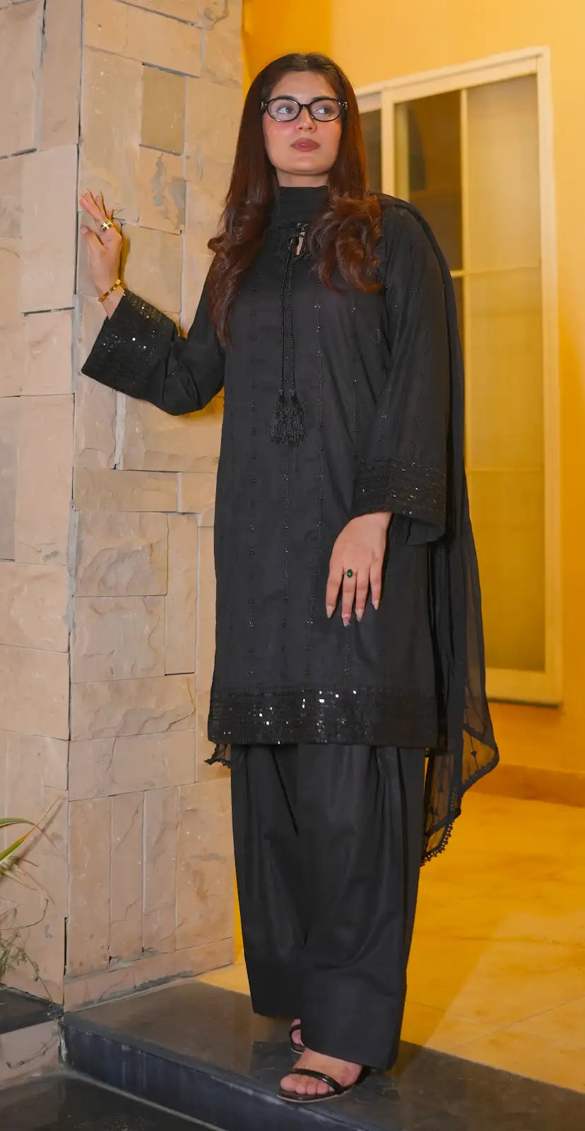 3 Piece Black Sequence Embroidered Suit