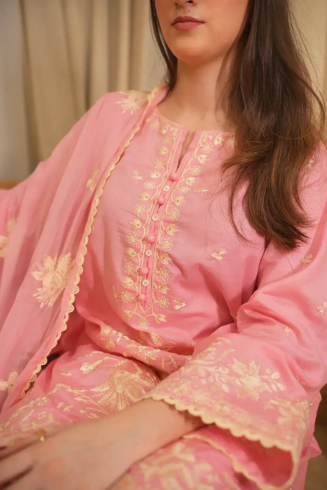 3 Piece Pink Embroidered Suit