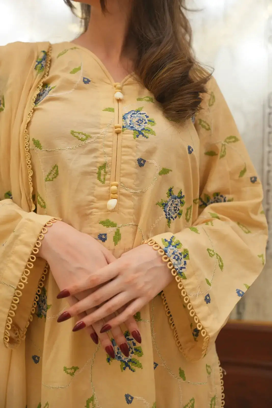 3 Piece Beige Embroidered Suit