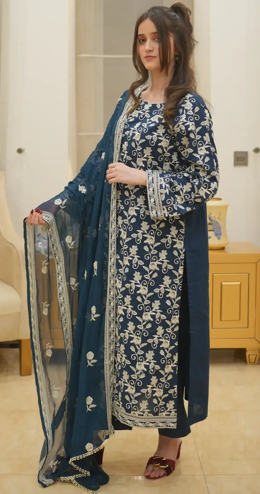 3 Piece Navy Blue Embroidered Suit