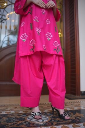 3 Piece Dotted Pink Embroidered Suit